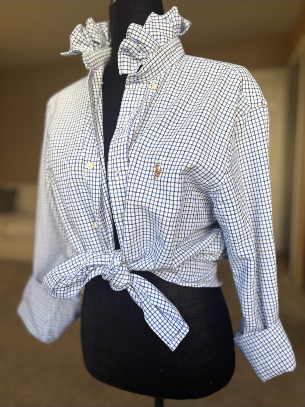Reworked Ralph Lauren Blue and White Checked Button-Down Shirt size m/l